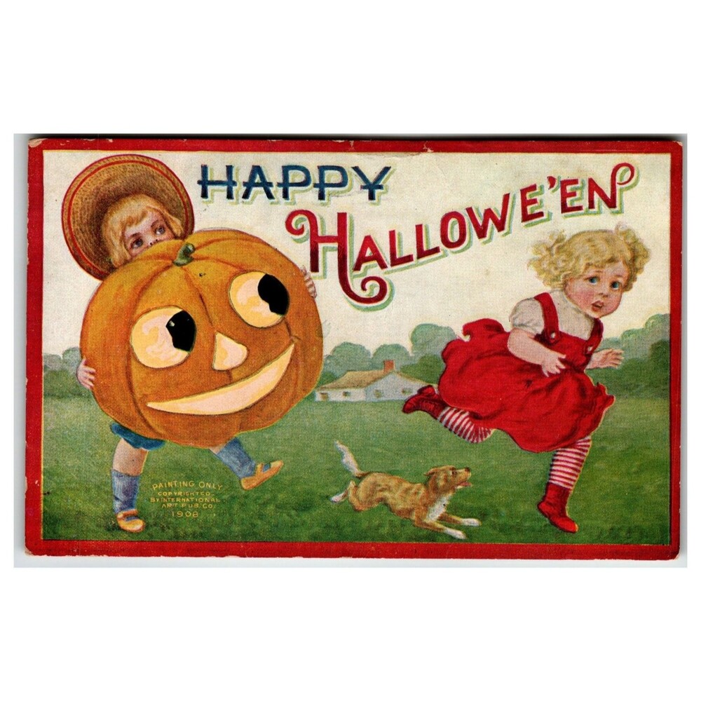 1908 Halloween Postcard Children Jack-O-Lantern Dog International Art Pub.